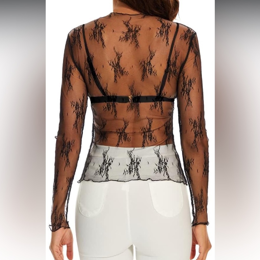 NWOT Black Sheer Lace Top - Picture 4 of 10